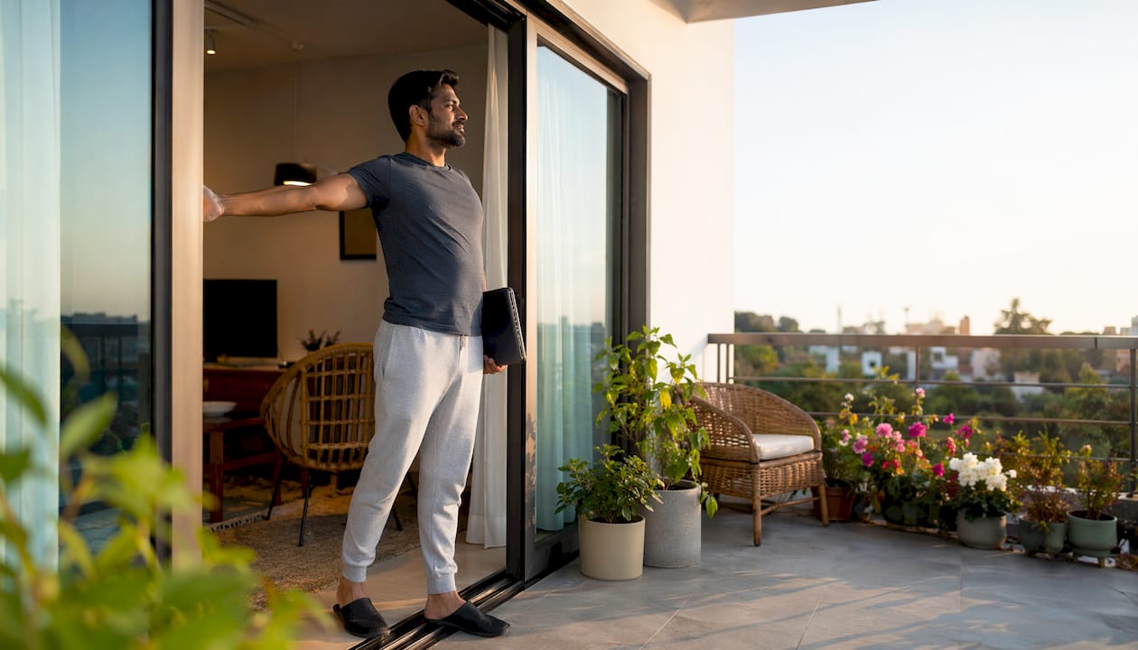 Man stepping outside to transition from work