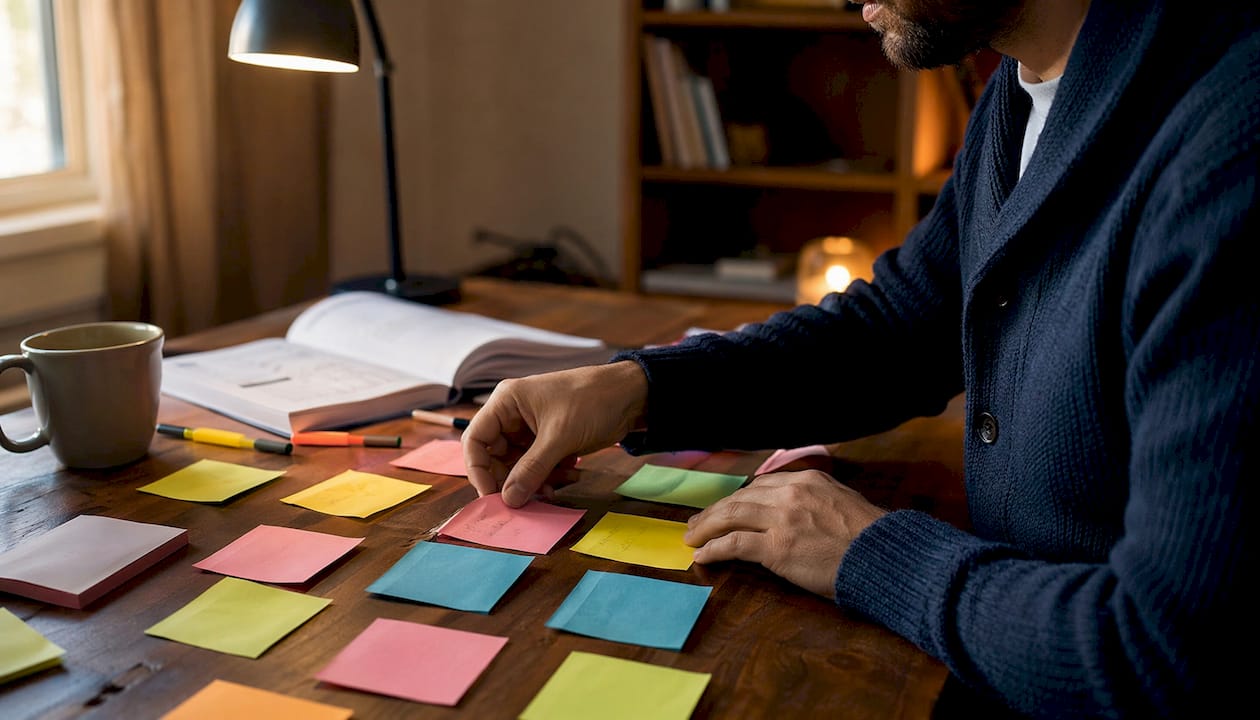 Hands organizing sticky notes on planning table