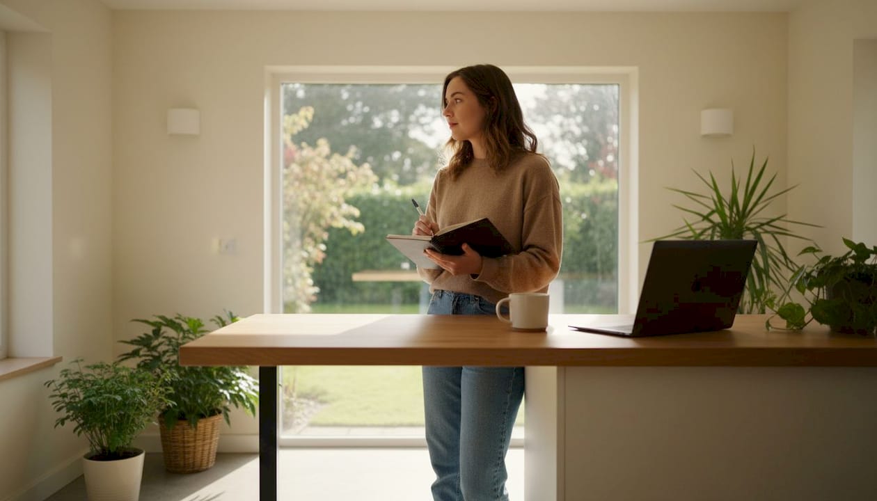 Solo entrepreneur writing ideas at standing desk
