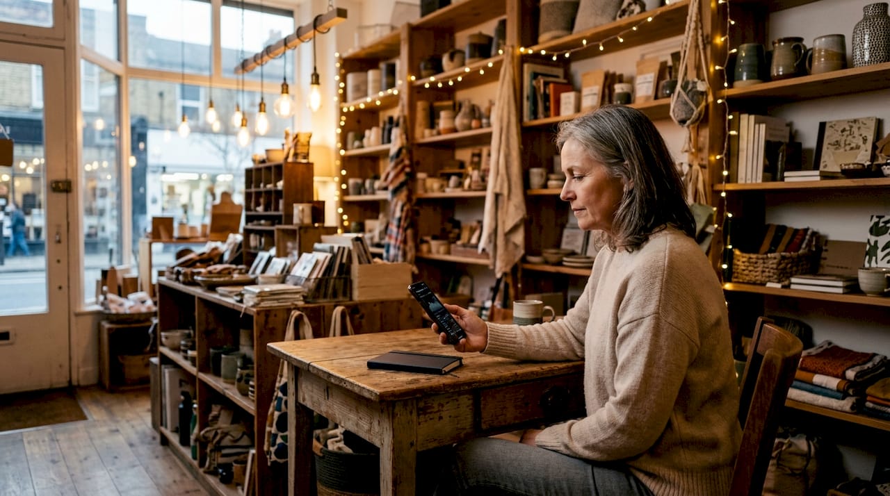 Small business owner reviewing SEO results on phone