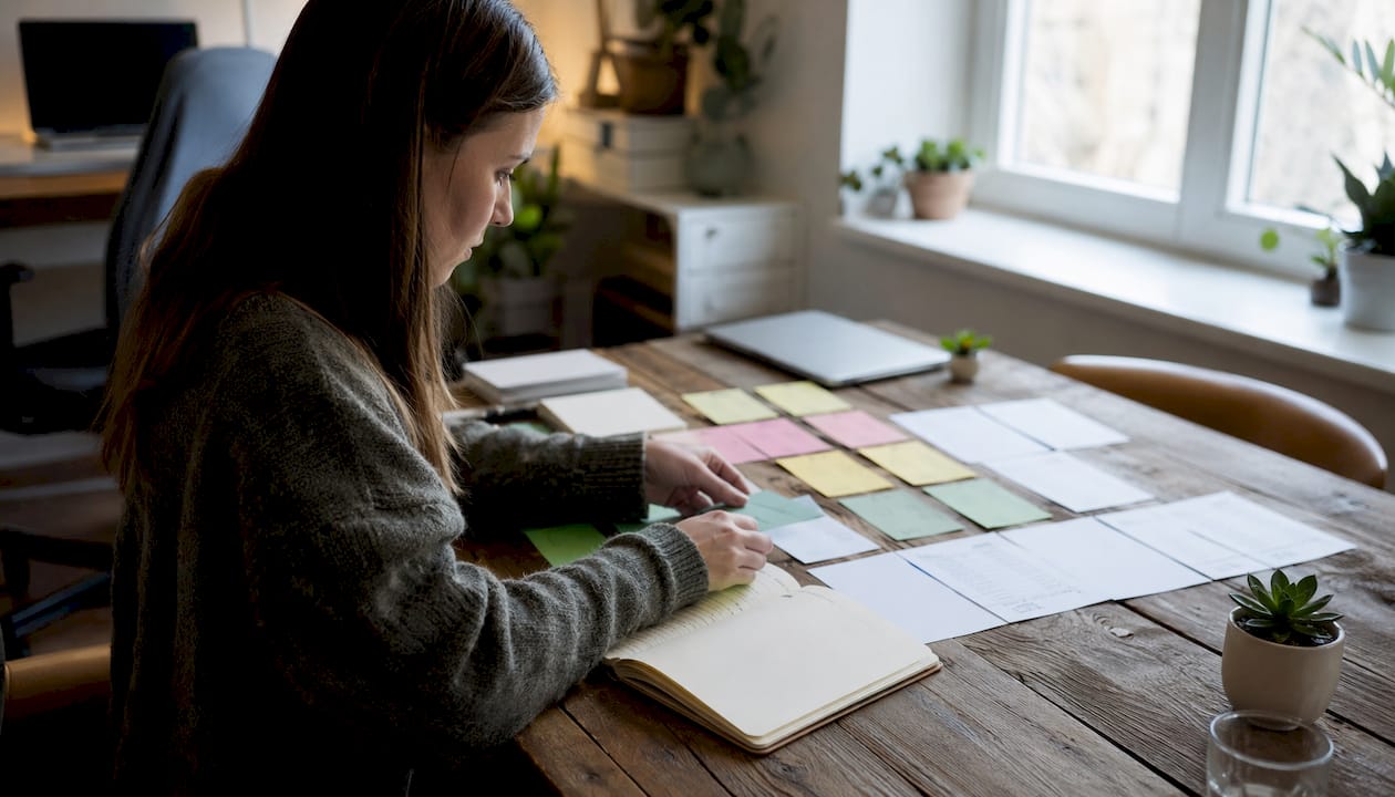 Hands sorting competitor lists and index cards
