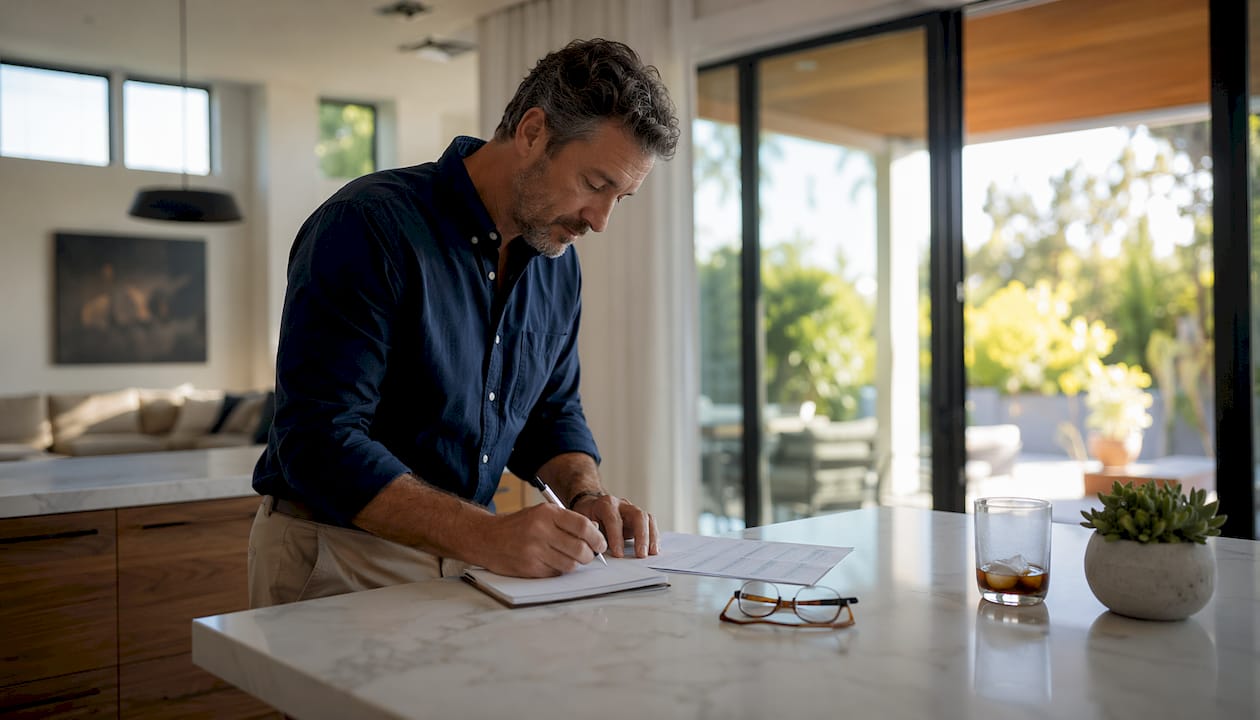 Man taking notes next to tablet and brochures